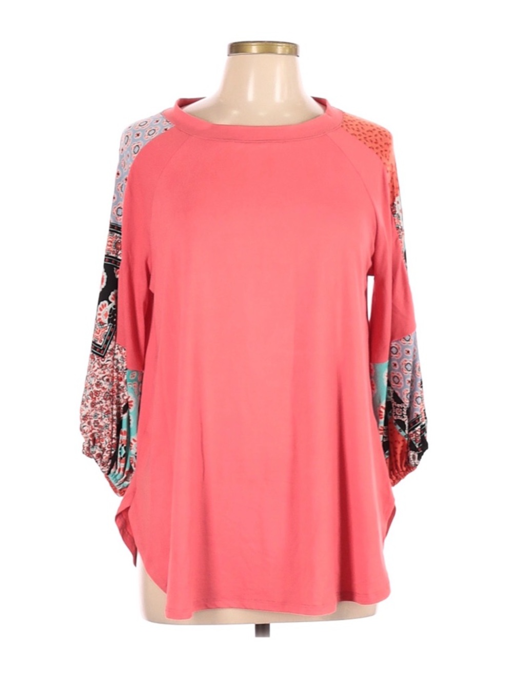 Boutique Emerald Coral Patchwork Sleeve Women’s Top